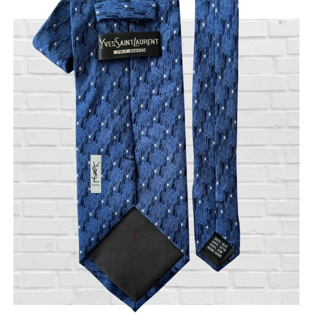 Yves Saint Laurent 100% Silk Tie Blue Black White Design Designer Logo Old Money